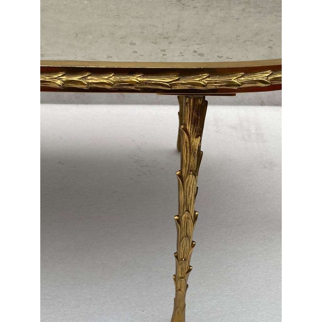 1970′ Table Basse Maison Charles Forme Ovale, Jansen Ou Baguès Décor Palmier en Bronze Doré avec Plateaux Miroirs Vieillis 1970′ Table Basse Maison Charles Forme Ovale, Jansen Ou Baguès Décor Palmier en Bronze Doré avec Plateaux Miroirs Vieillis