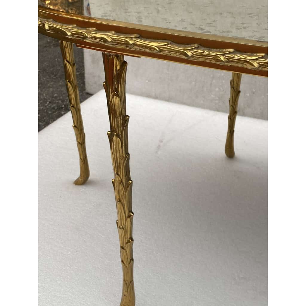 1970′ Table Basse Maison Charles Forme Ovale, Jansen Ou Baguès Décor Palmier en Bronze Doré avec Plateaux Miroirs Vieillis 1970′ Table Basse Maison Charles Forme Ovale, Jansen Ou Baguès Décor Palmier en Bronze Doré avec Plateaux Miroirs Vieillis