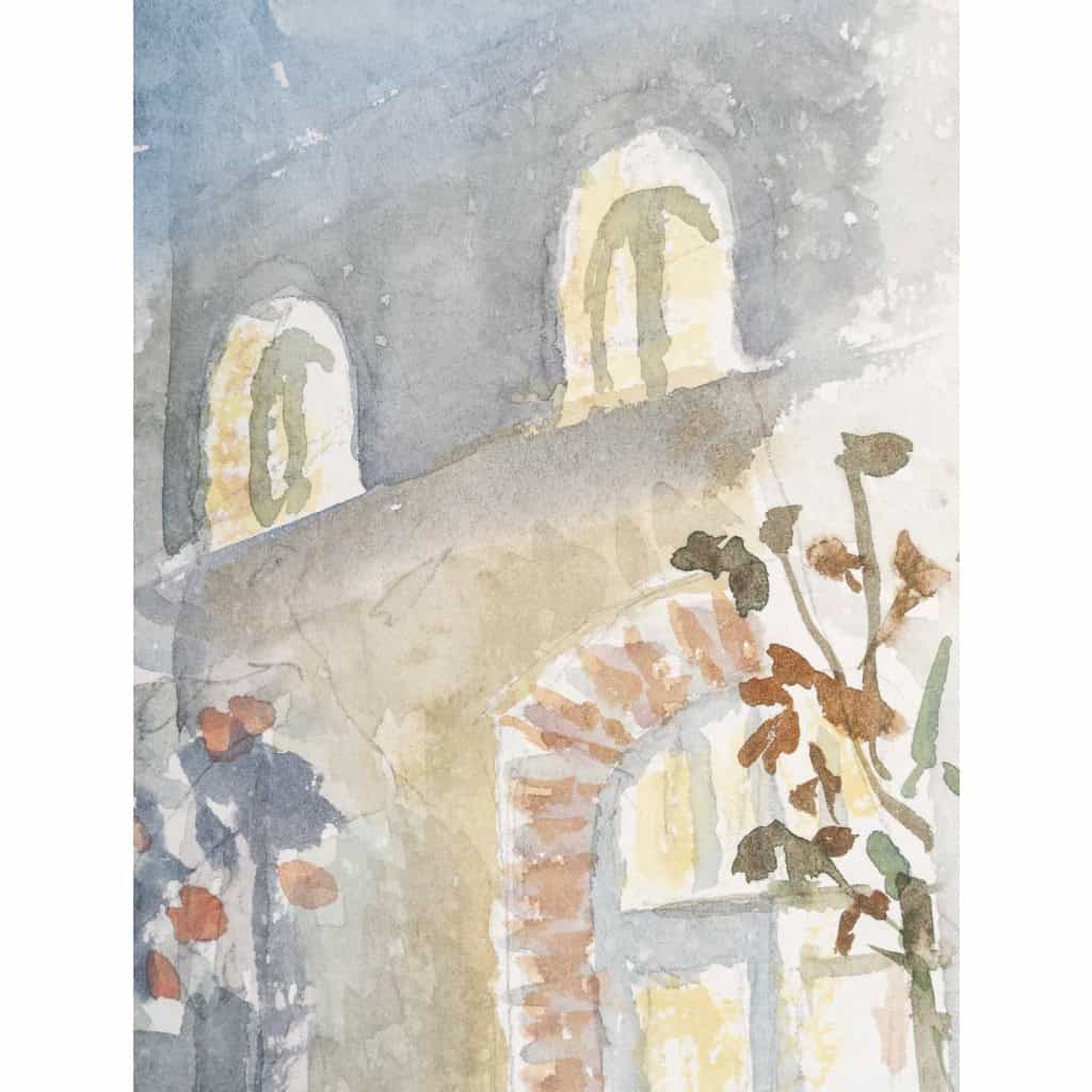 Dessin à l’aquarelle sur papier de Evelyne Luez représentant une maison et sa terrasse, 1980. Dessin à l’aquarelle sur papier de Evelyne Luez représentant une maison et sa terrasse, 1980.