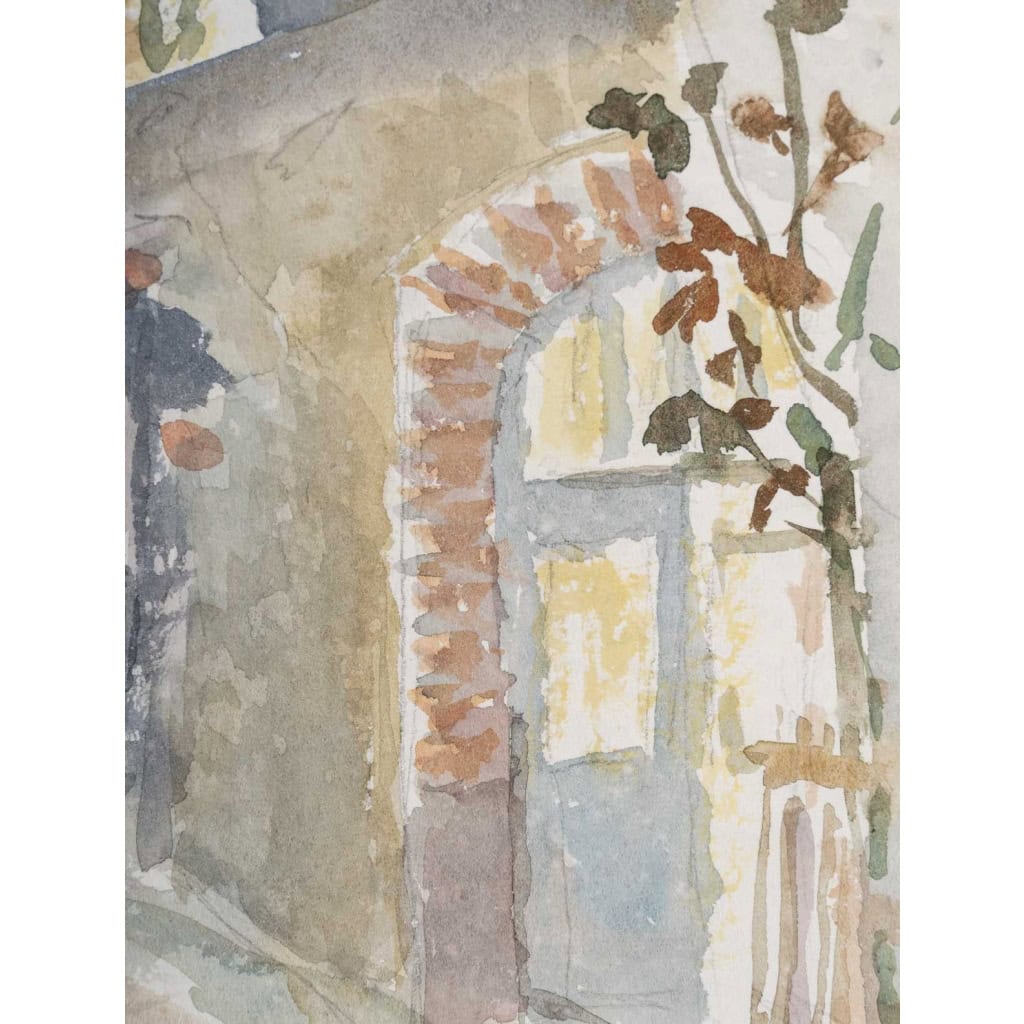 Dessin à l’aquarelle sur papier de Evelyne Luez représentant une maison et sa terrasse, 1980. Dessin à l’aquarelle sur papier de Evelyne Luez représentant une maison et sa terrasse, 1980.