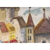 Dessin à l’aquarelle sur papier de Evelyne Luez représentant un village et ses canaux, 1980-90. Dessin à l’aquarelle sur papier de Evelyne Luez représentant un village et ses canaux, 1980-90.