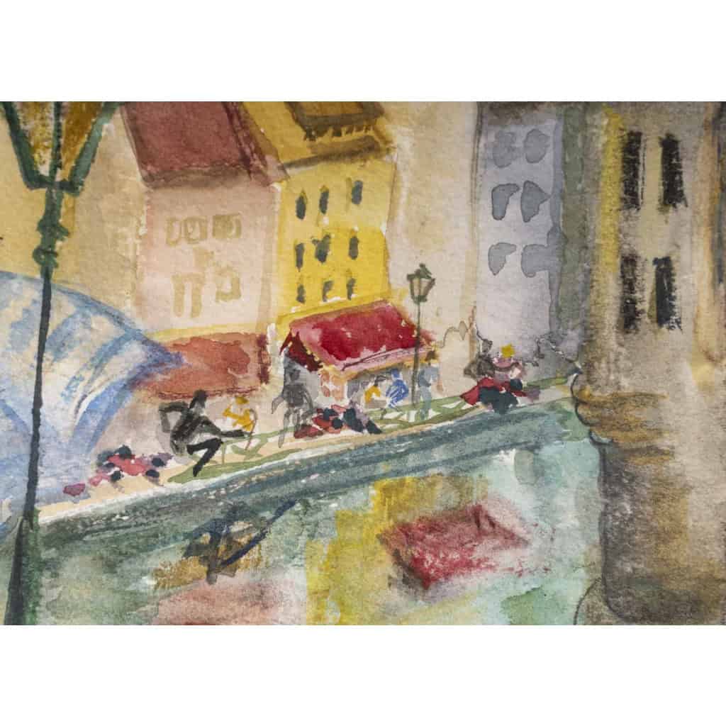 Dessin à l’aquarelle sur papier de Evelyne Luez représentant un village et ses canaux, 1980-90. Dessin à l’aquarelle sur papier de Evelyne Luez représentant un village et ses canaux, 1980-90.