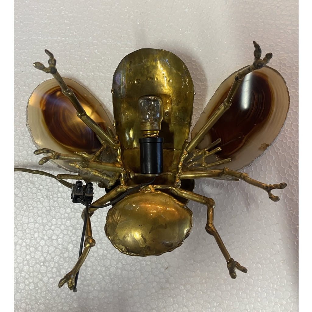 1970’ Applique Abeille en Bronze ou Laiton, Duval Brasseur Ou Isabelle Faure, 1 Ampoule, Ailes d’Agate 1970’ Applique Abeille en Bronze ou Laiton, Duval Brasseur Ou Isabelle Faure, 1 Ampoule, Ailes d’Agate