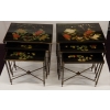 1970' Paire de Séries de 3 Tables Gigognes Style Maison Baguès Décor Bambou en Bronze Doré Plateaux Laque de Chine Noire Décor de Fleurs Avec Oiseaux |||||||||