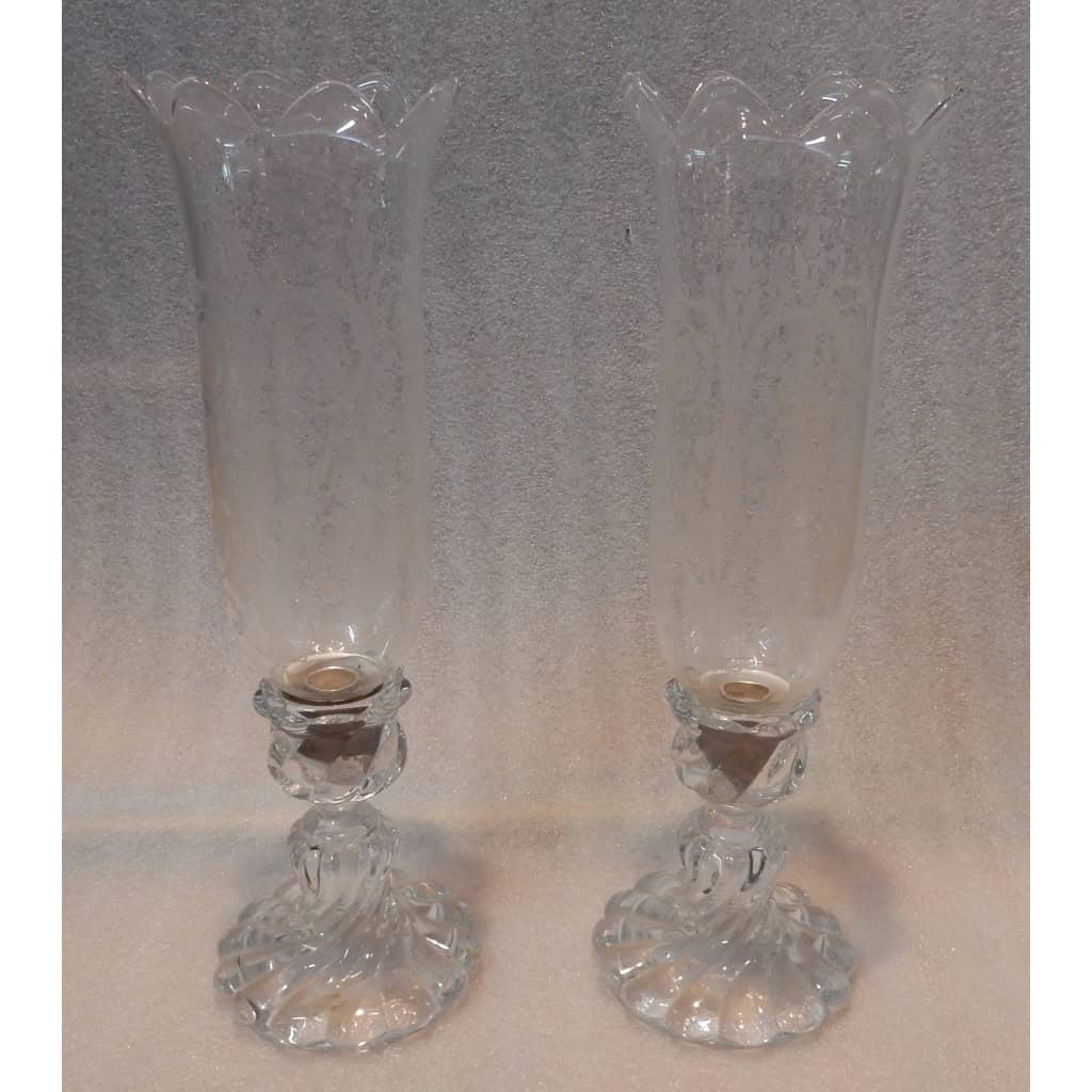 1950/70 Paire de Bougeoirs En Cristal Photophores Baccarat Modèle Tors Signés |||||||||||