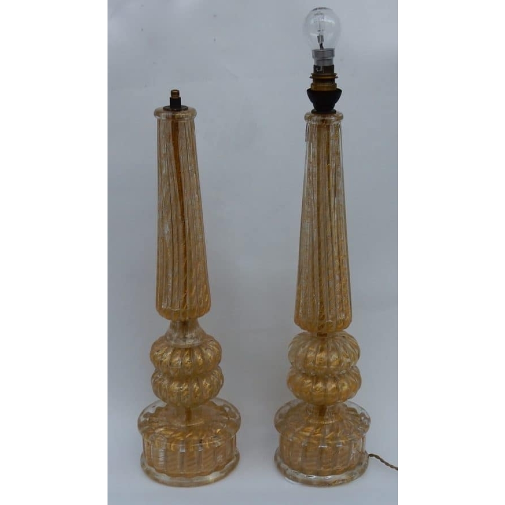 1950/70 Paire de Lampes Barovier & Toso Avec Paillons d’Or Fût Conique |||||