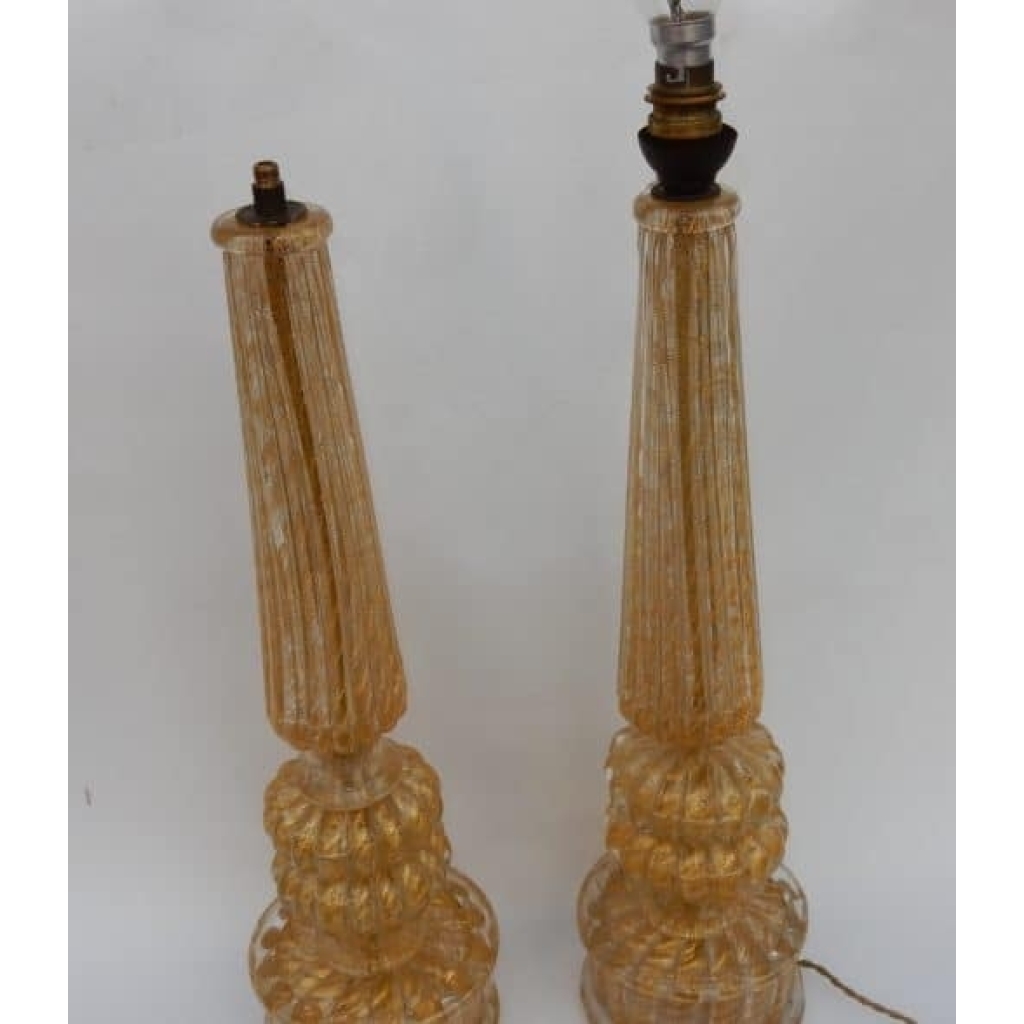 1950/70 Paire de Lampes Barovier & Toso Avec Paillons d’Or Fût Conique 1950/70 Paire de Lampes Barovier & Toso Avec Paillons d’Or Fût Conique