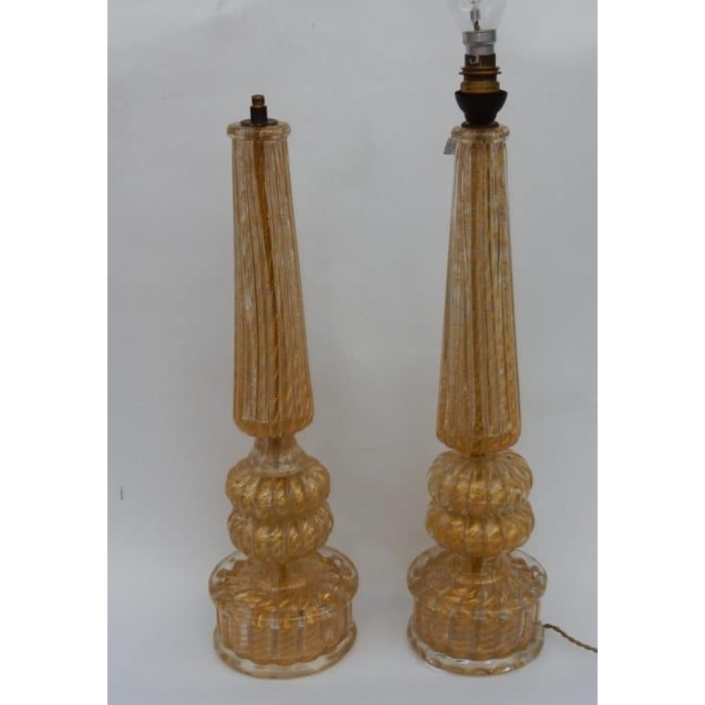 1950/70 Paire de Lampes Barovier & Toso Avec Paillons d’Or Fût Conique 1950/70 Paire de Lampes Barovier & Toso Avec Paillons d’Or Fût Conique