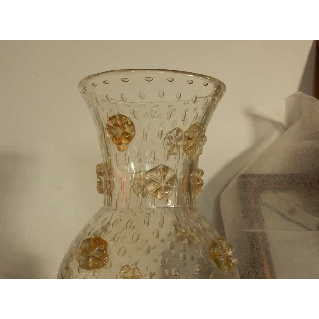 1970′ Vase Cristal Murano Style Barovier & Toso Avec Paillons d’Or Non Signé 1970′ Vase Cristal Murano Style Barovier & Toso Avec Paillons d’Or Non Signé