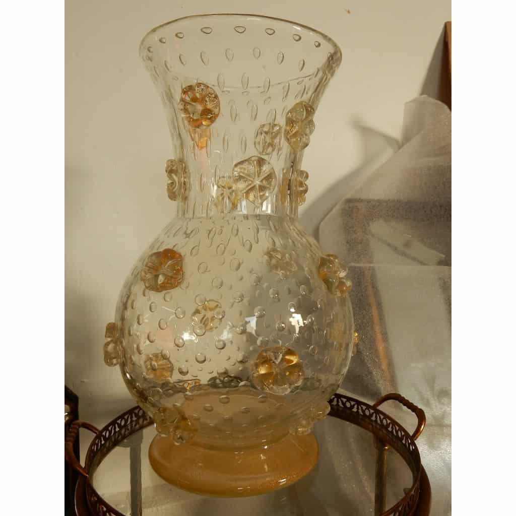 1970′ Vase Cristal Murano Style Barovier & Toso Avec Paillons d’Or Non Signé 1970′ Vase Cristal Murano Style Barovier & Toso Avec Paillons d’Or Non Signé