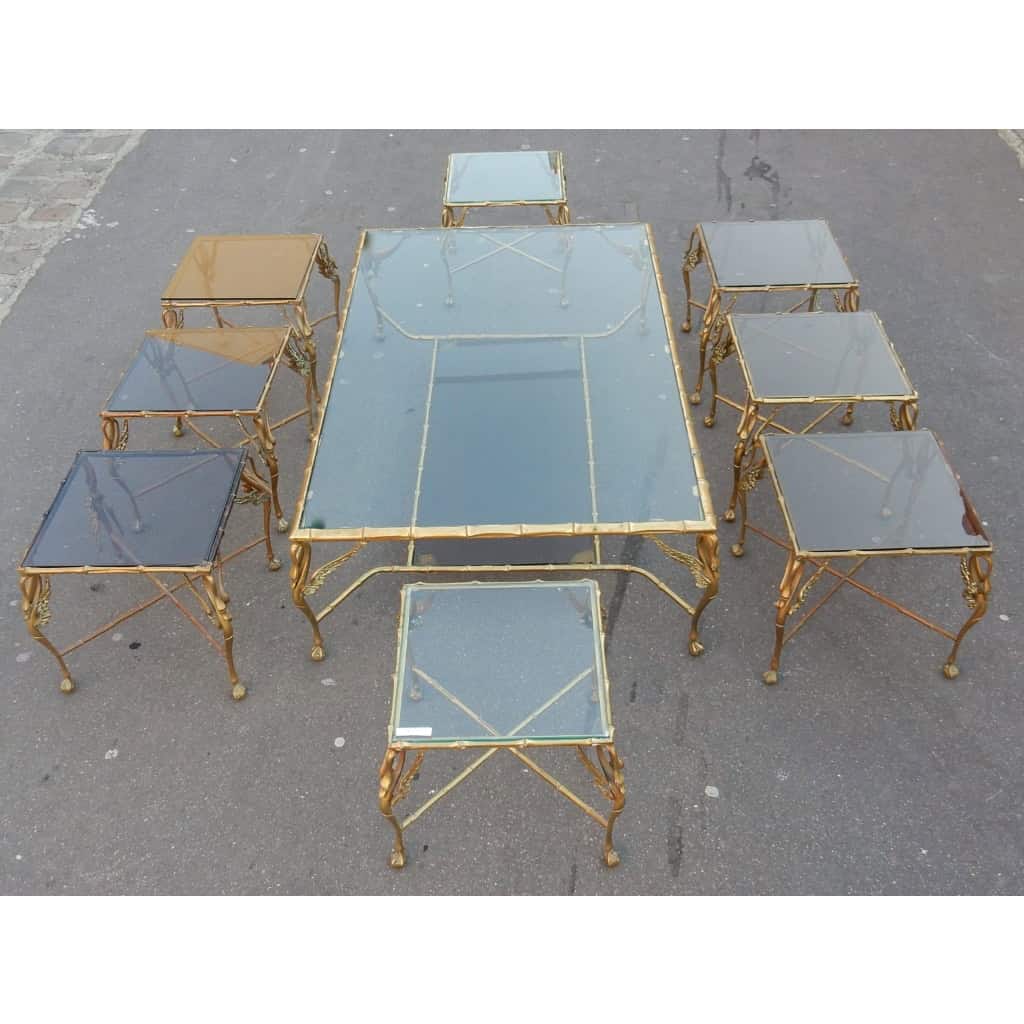 1950/70′ Table Basse en Bronze Aux Cygnes et Ses 6 Bouts de canapés |||||||