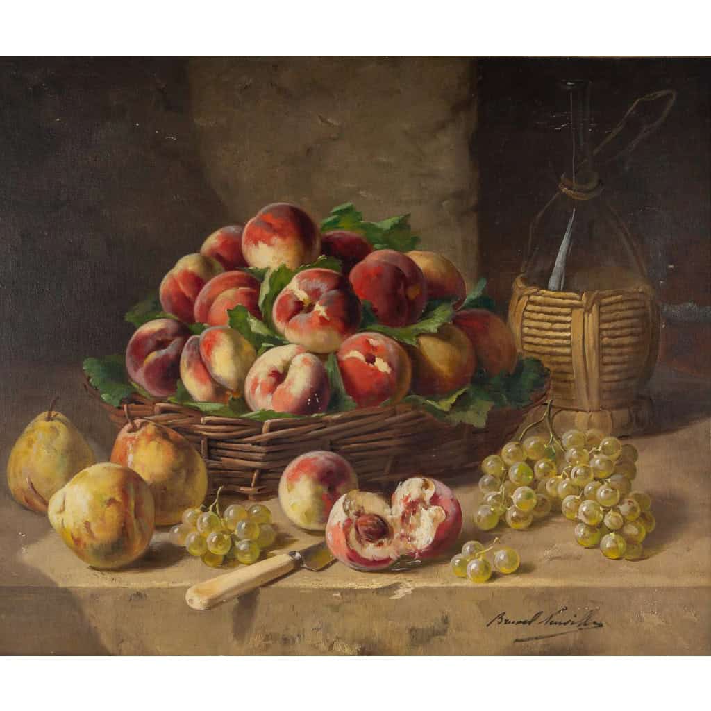 Alfred Arthur Brunel de Neuville Nature Morte aux Pêches Poires et raisins Huile sur toile vers 1890-1900 