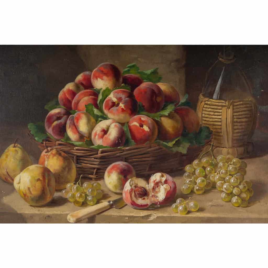 Alfred Arthur Brunel de Neuville Nature Morte aux Pêches Poires et raisins Huile sur toile vers 1890-1900 