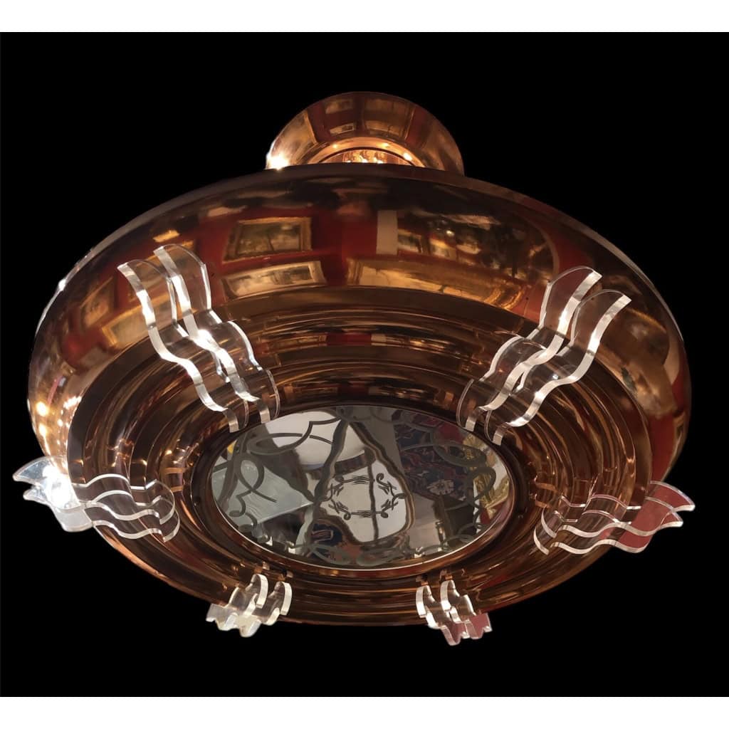 Lustre Art Déco en métal cuivré pendeloques 6 lumières années 1950 