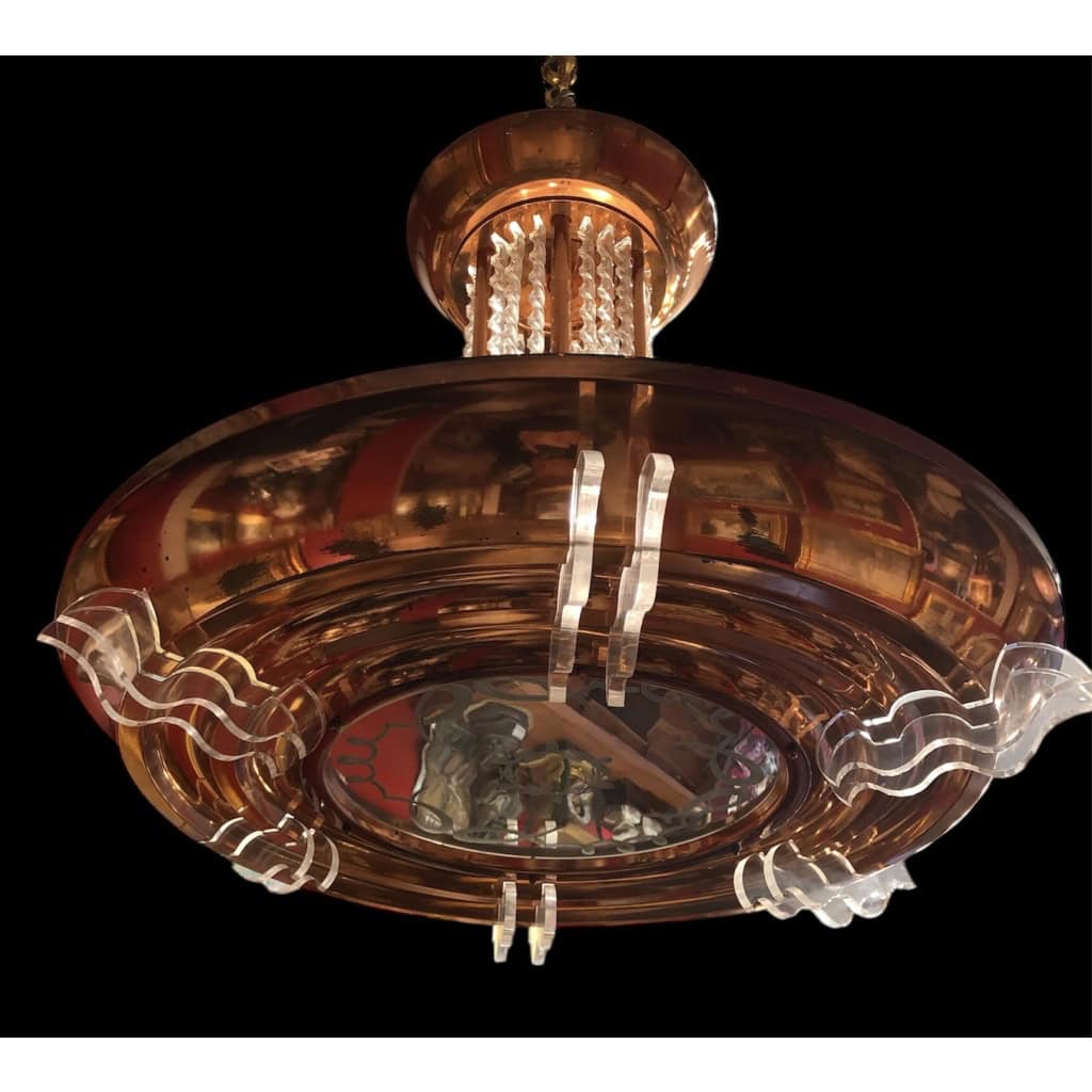 Lustre Art Déco en métal cuivré pendeloques 6 lumières années 1950 