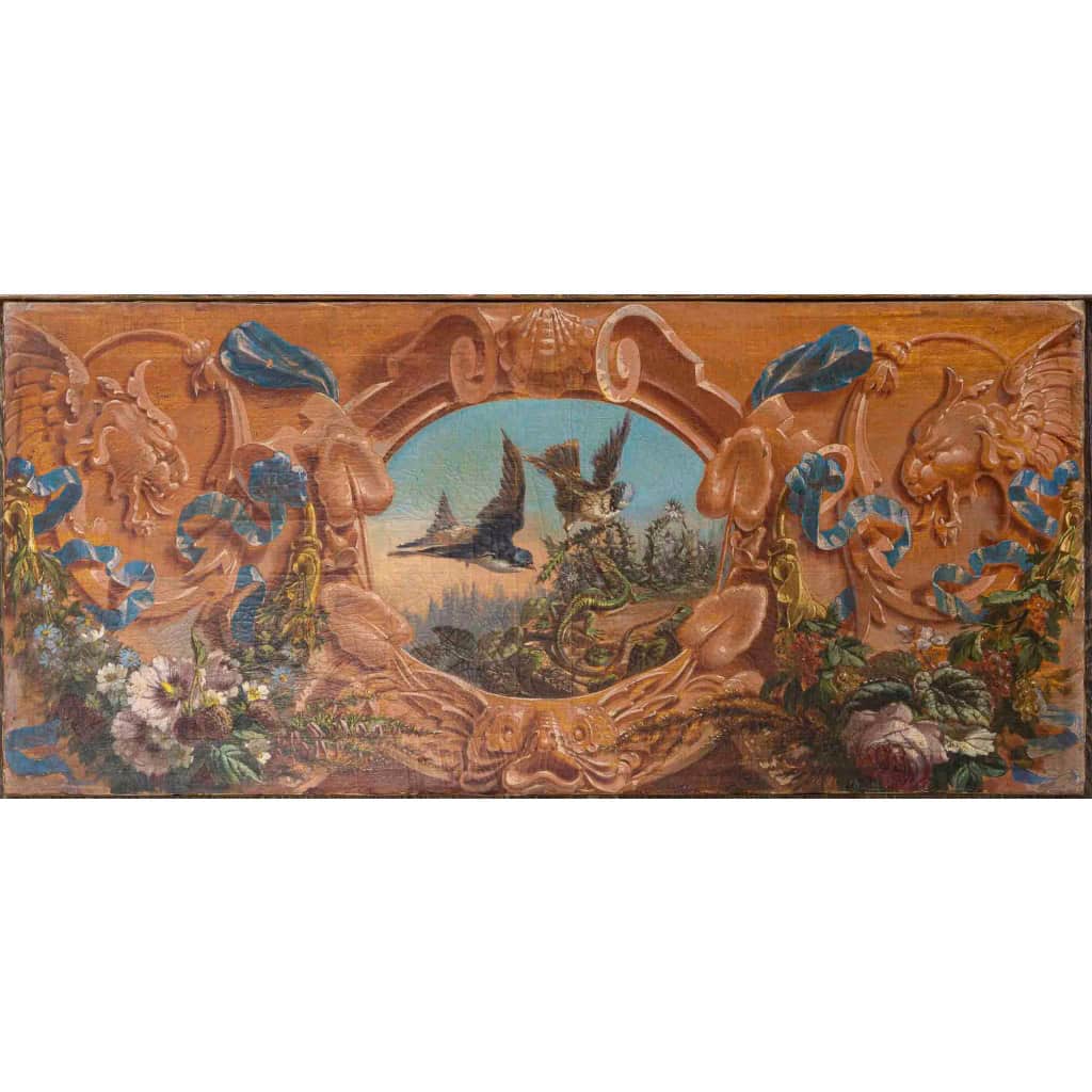 Alphonse Carrière (1808-1881) - Décor de boiserie composé de six Natures Mortes aux oiseaux Vers 1850-1860 