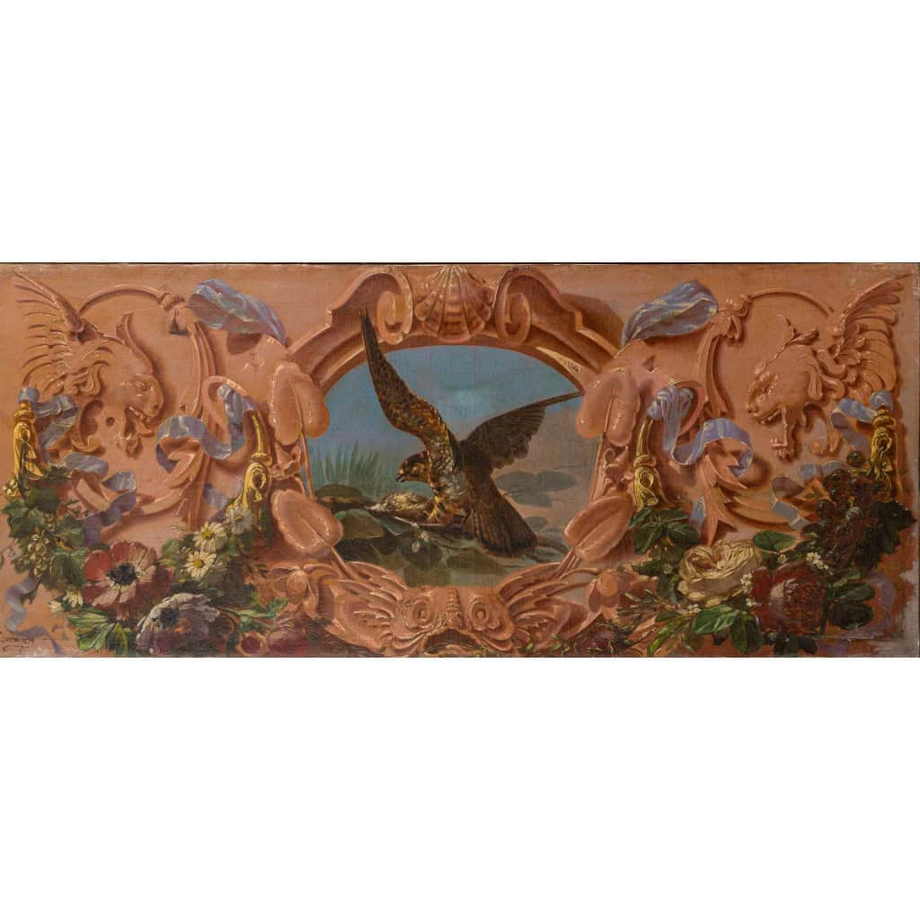 Alphonse Carrière (1808-1881) - Décor de boiserie composé de six Natures Mortes aux oiseaux Vers 1850-1860 