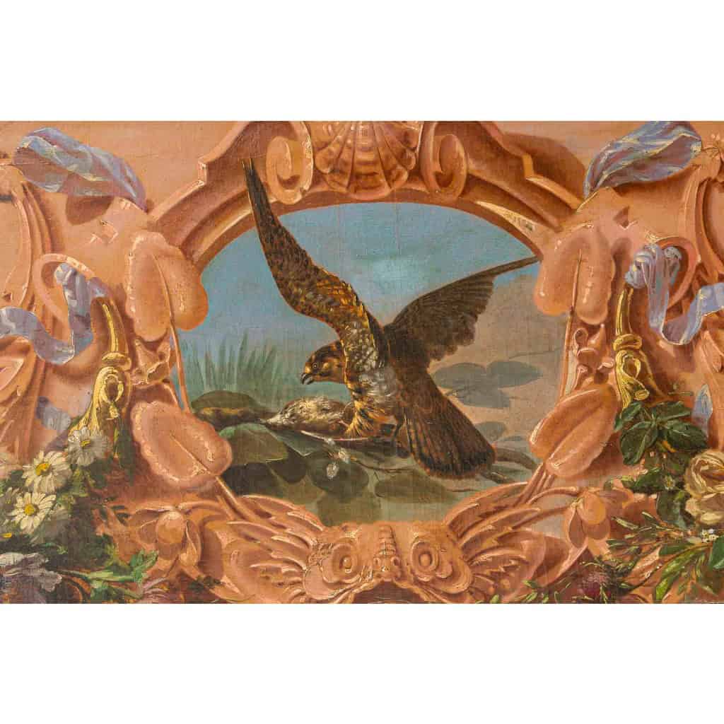 Alphonse Carrière (1808-1881) - Décor de boiserie composé de six Natures Mortes aux oiseaux Vers 1850-1860 