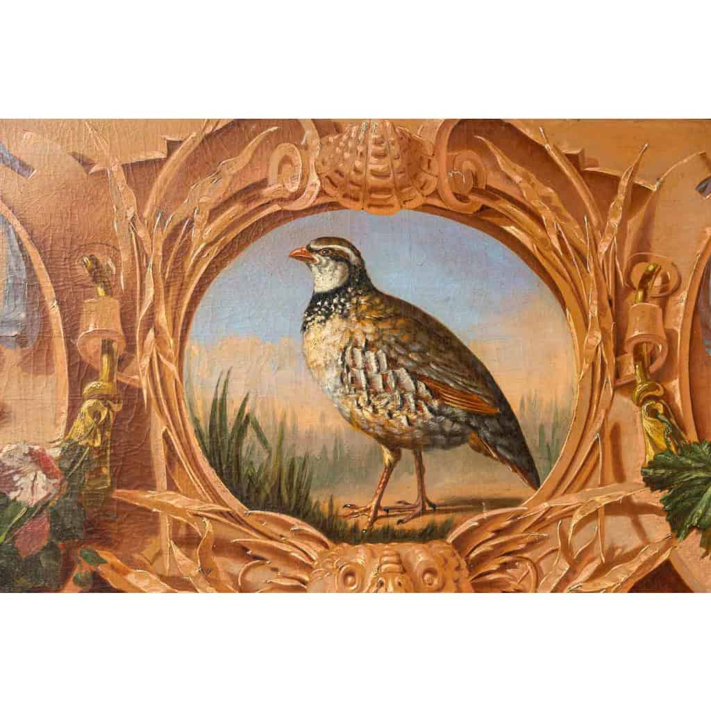 Alphonse Carrière (1808-1881) - Décor de boiserie composé de six Natures Mortes aux oiseaux Vers 1850-1860 