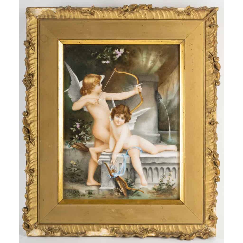 Les Amours à la Fontaine Plaque en Porcelaine Polychrome Peinte à la Main, 1901 