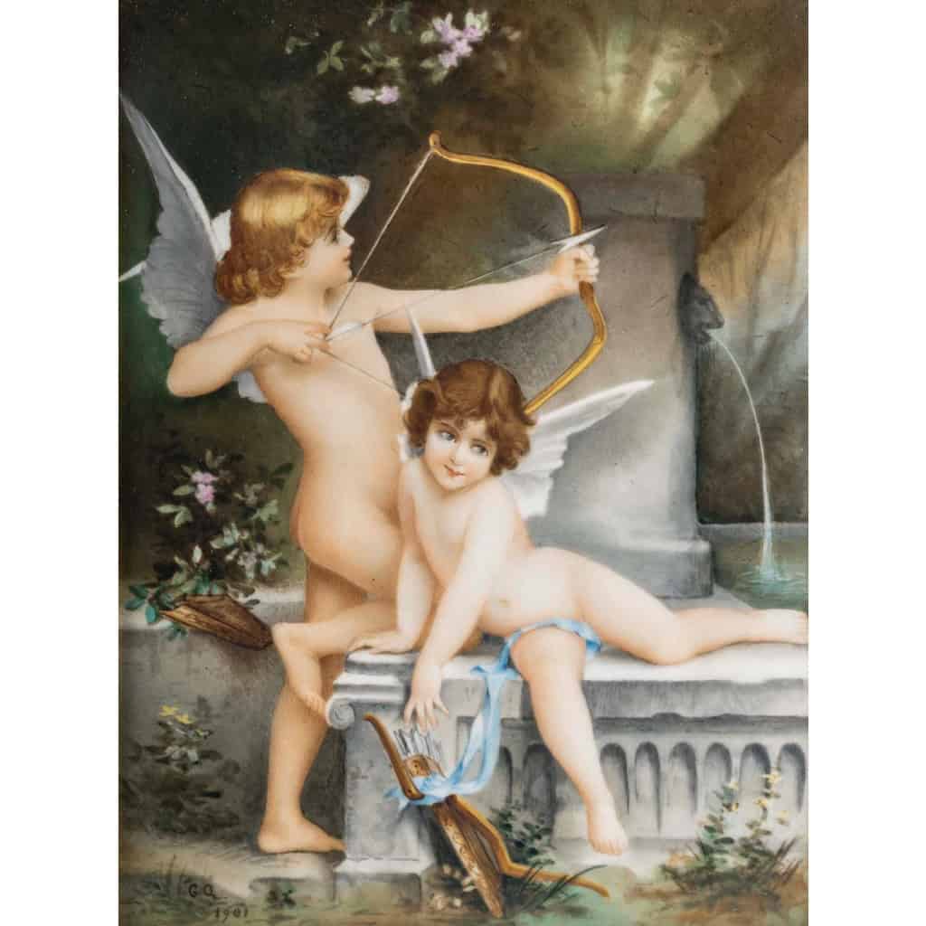 Les Amours à la Fontaine Plaque en Porcelaine Polychrome Peinte à la Main, 1901 