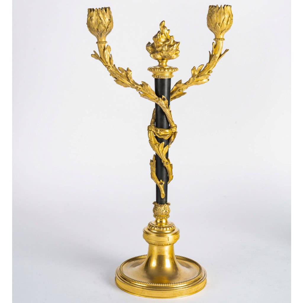 Paire de candélabres de style Louis XVI en bronze patiné et doré vers 1880 