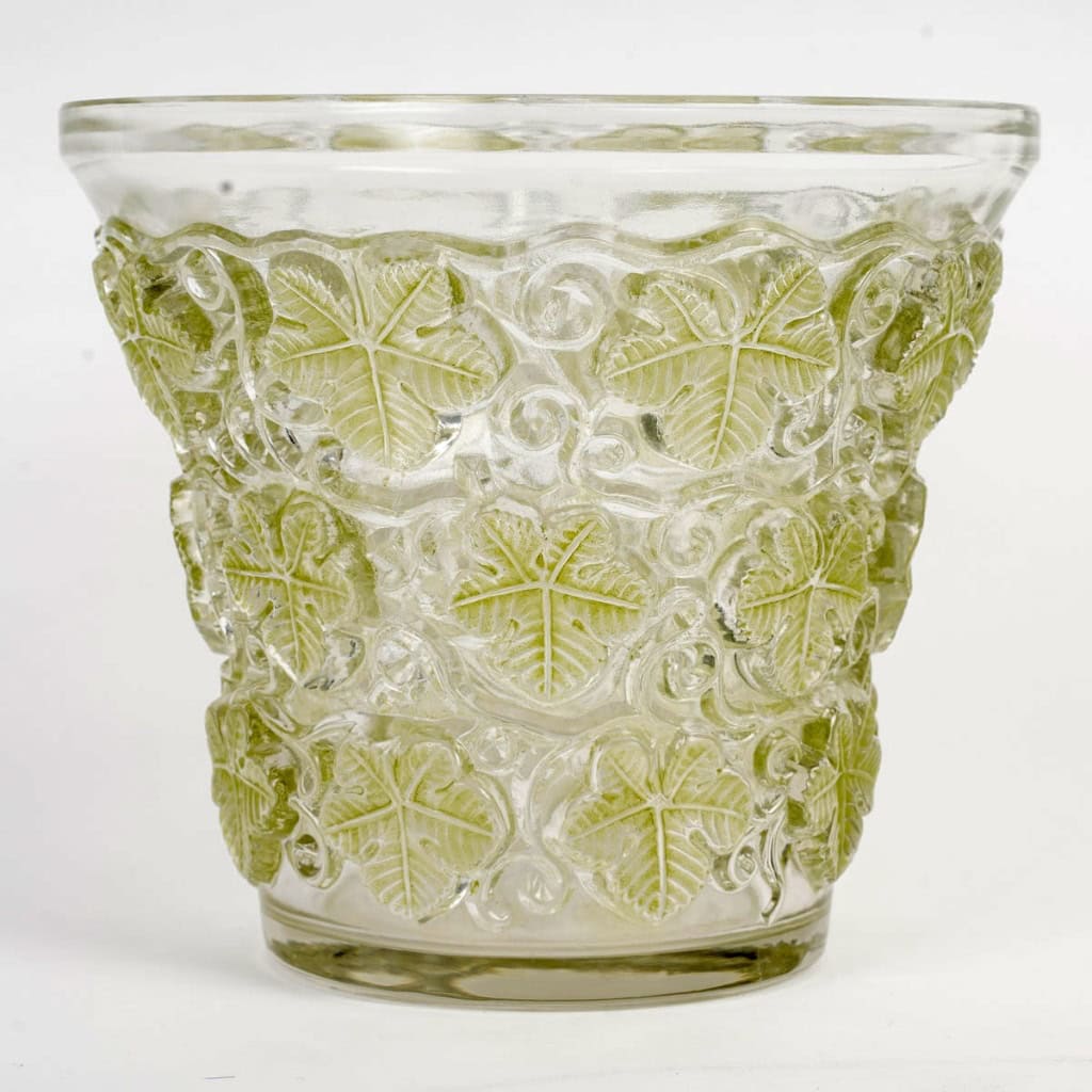 Vase Seau à Champagne/Glace "Reims" verre blanc patiné vert de René LALIQUE 