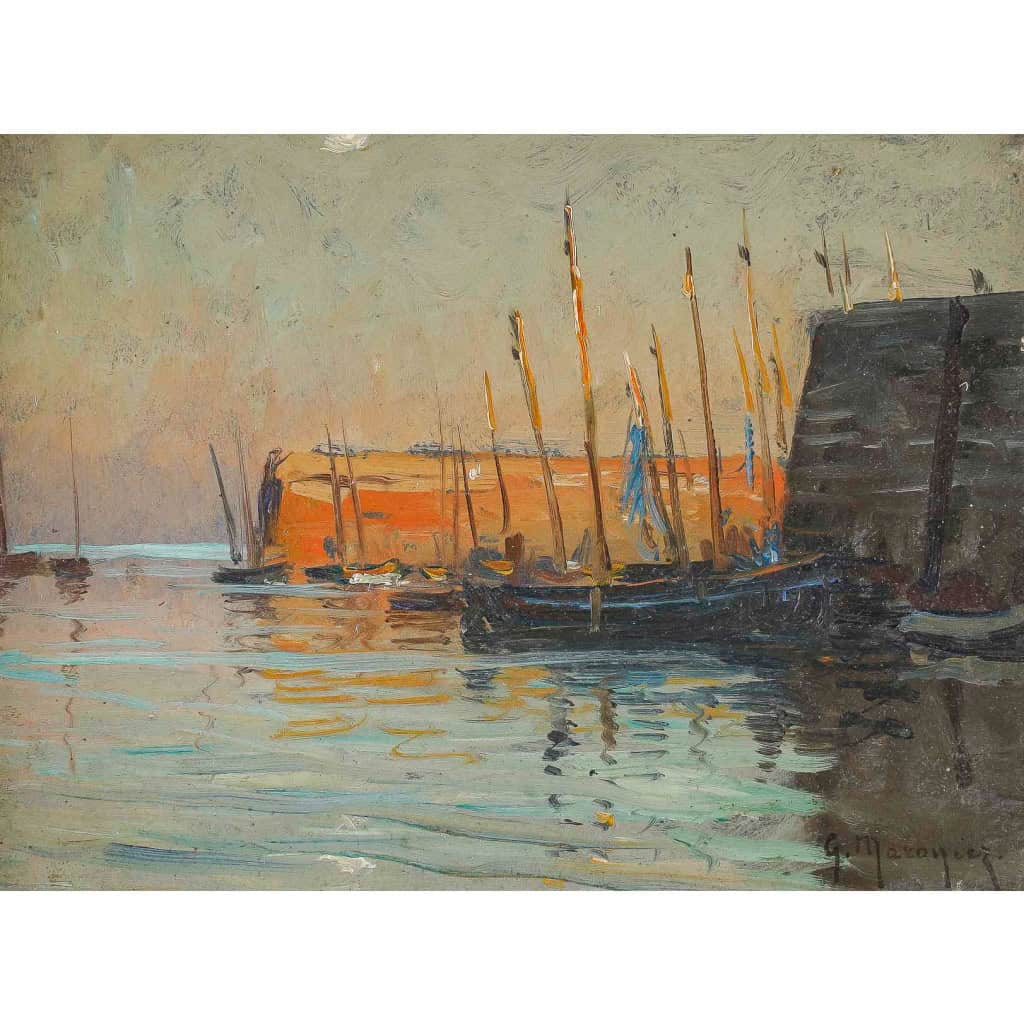 Georges Philibert-Charles Maroniez Coucher de soleil sur la baie de Quiberon huile sur panneau 15 aout 1902 