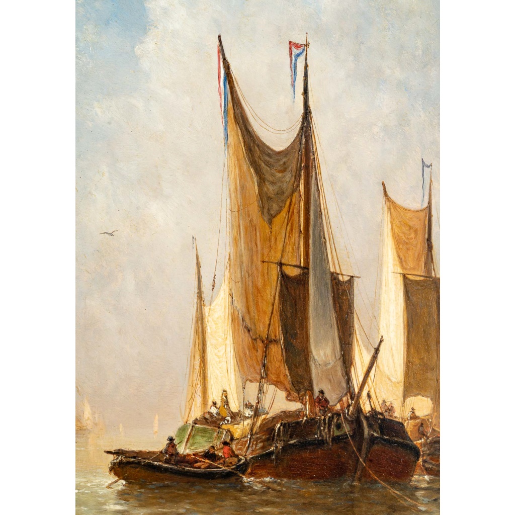 Paul Jean Clays (1817-1900) Bateaux de pêche en mer du Nord huile sur panneau d’acajou vers 1864 