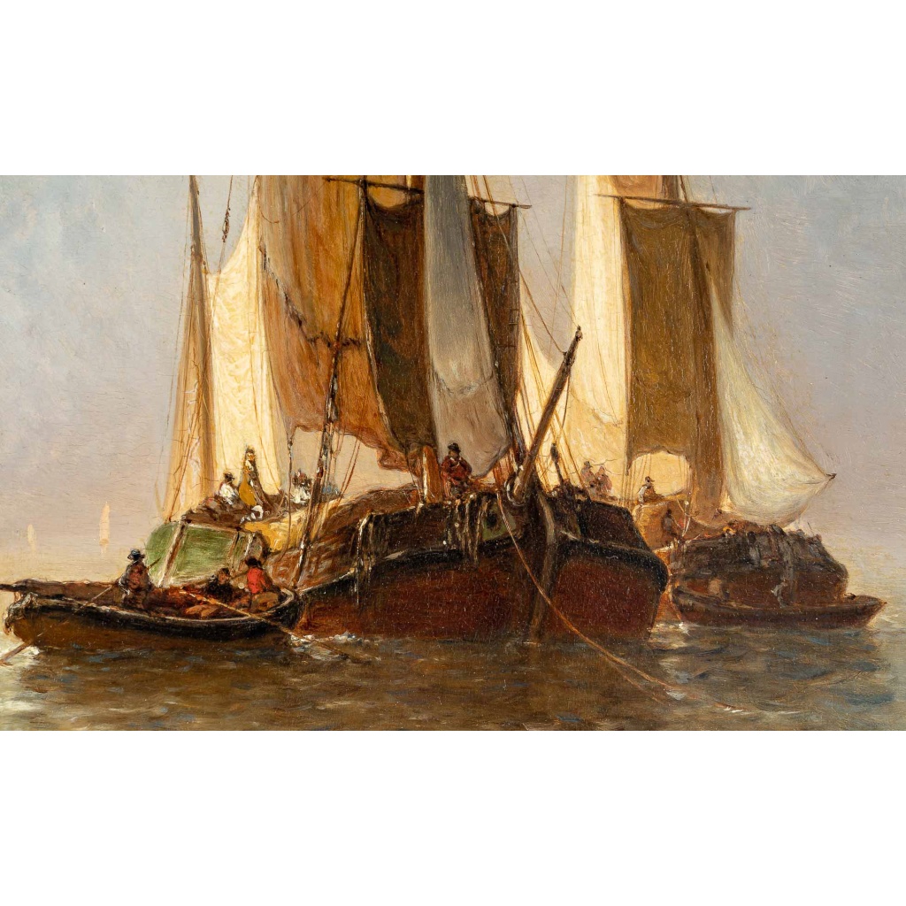 Paul Jean Clays (1817-1900) Bateaux de pêche en mer du Nord huile sur panneau d’acajou vers 1864 