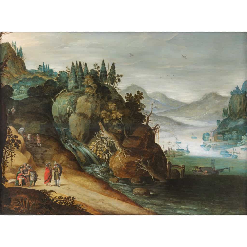 Paysage animé au bord d’une rivière - Atelier de Joos de Momper II (1564 – 1635) 