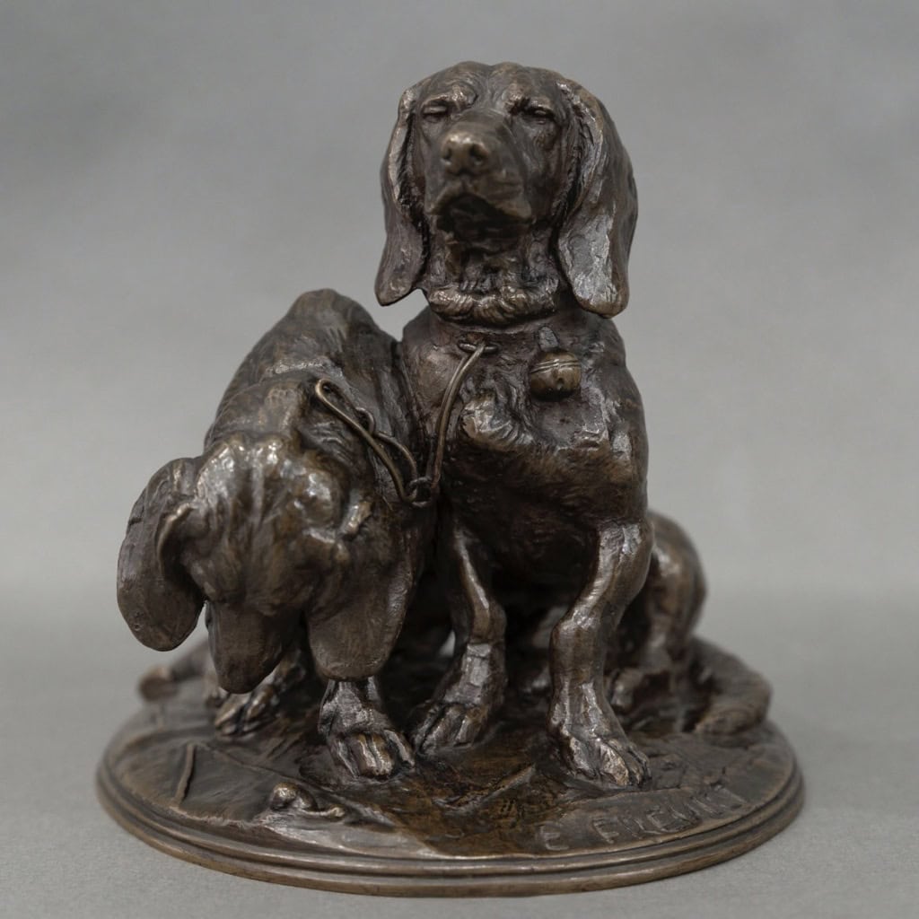 Groupe De Bassets " Ravageot Et Ravageode " , Emmanuel Fremiet (1824 -1910) - Bronze 