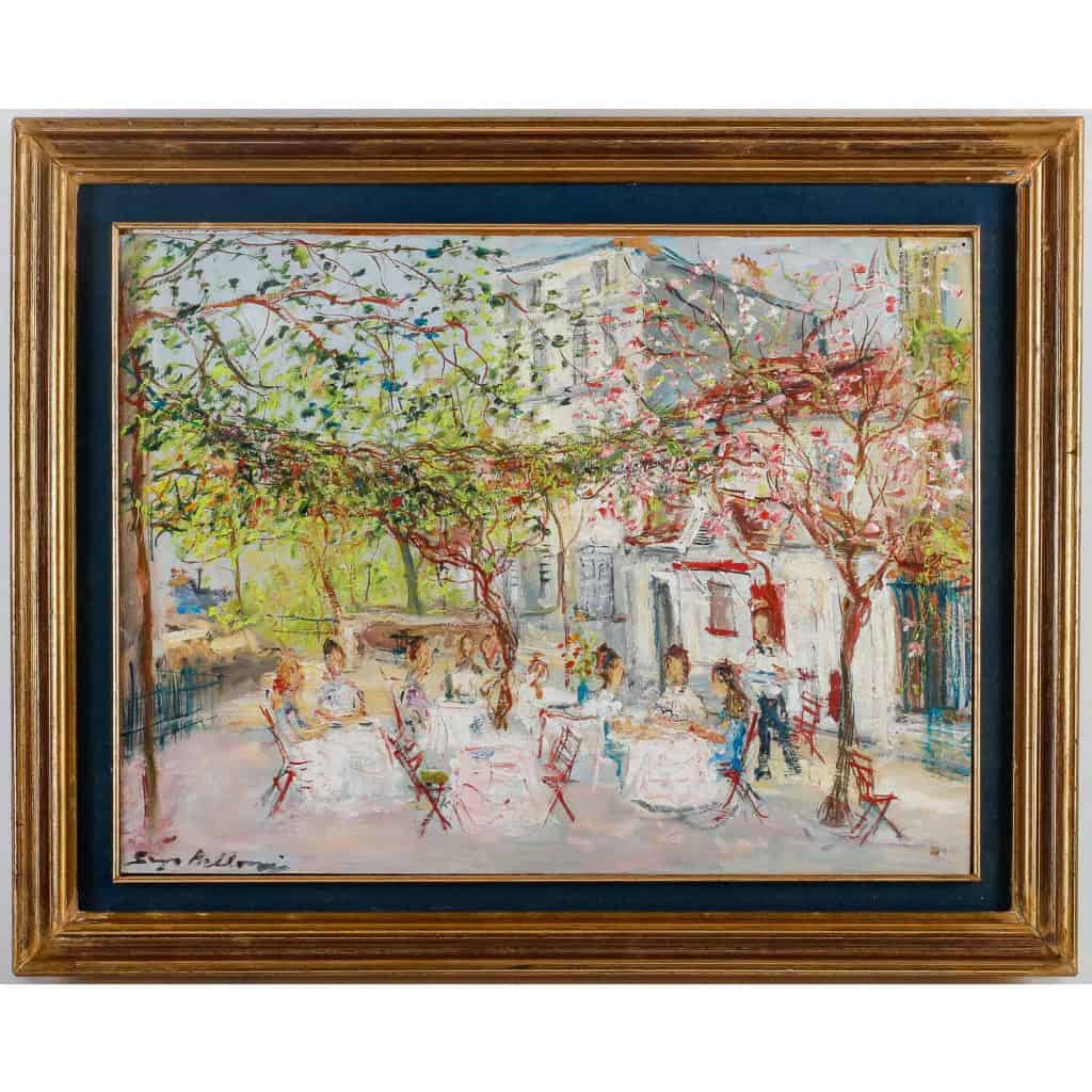 Serge Belloni (1925-2005) Le peintre de Paris Montmartre Chez Plumeau huile sur bois vers 1980 