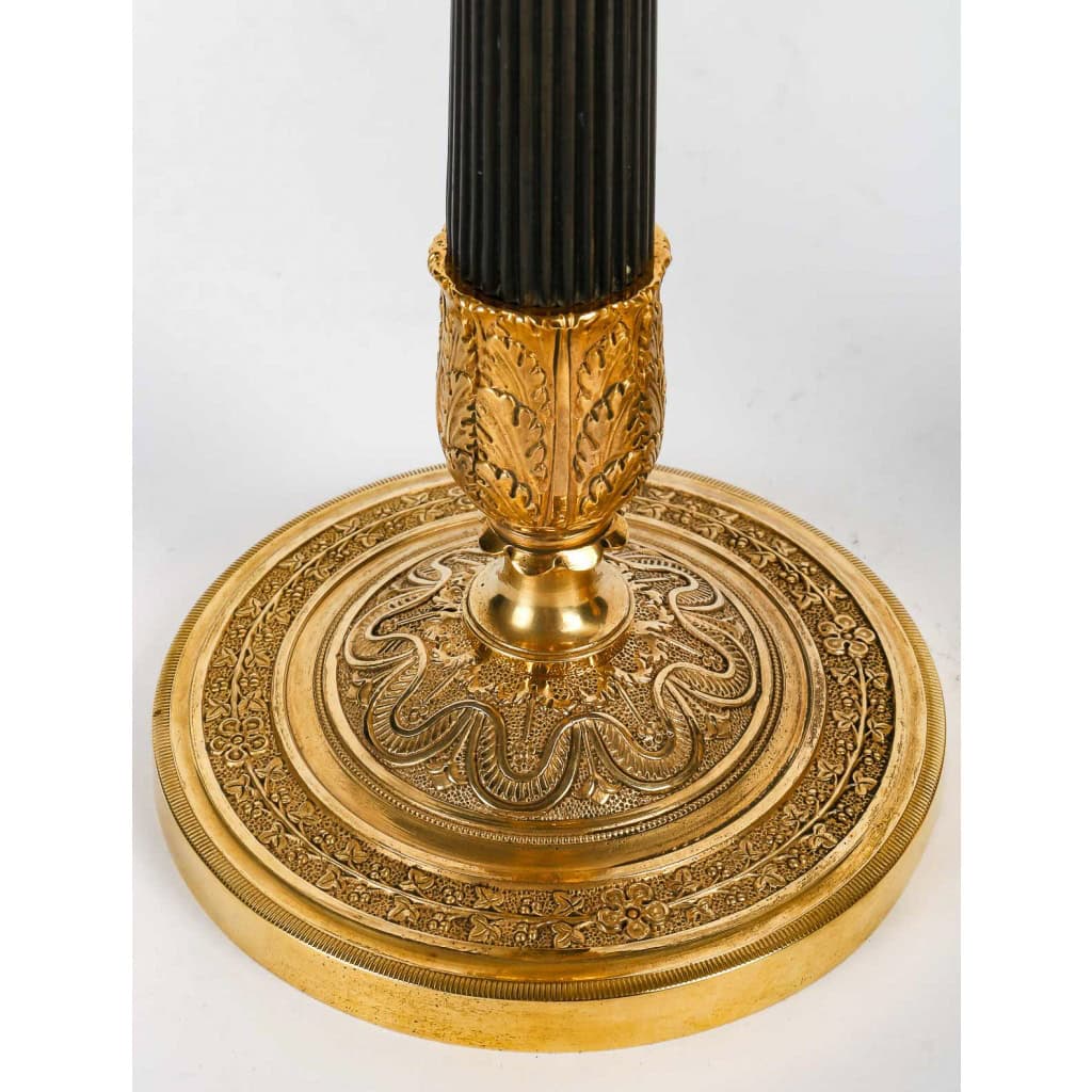 Paire de Bougeoirs montés en lampes d’époque Empire en Bronze Patiné et Doré vers 1810 