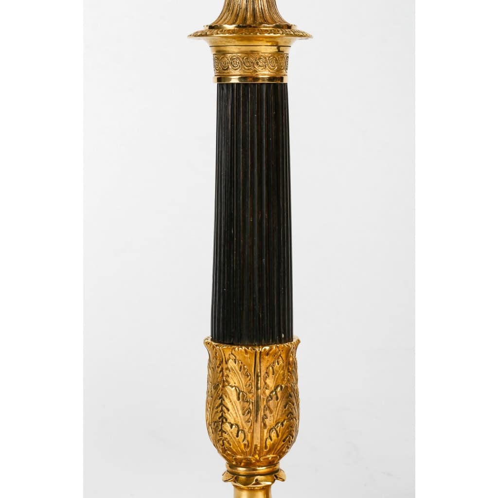 Paire de Bougeoirs montés en lampes d’époque Empire en Bronze Patiné et Doré vers 1810 