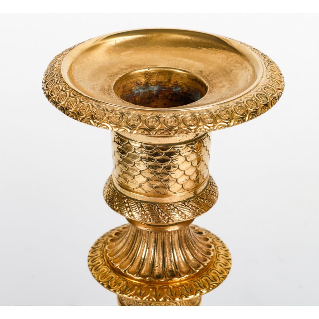 Paire de Bougeoirs montés en lampes d’époque Empire en Bronze Patiné et Doré vers 1810 