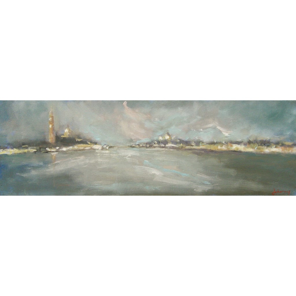 Tableau à l'huile intitulé "Chiesa di San Giorgio Maggiore e Basilica di Santa Maria della Salute vista da castello" de l'artiste peintre Isabelle Delannoy Chiesa di San Giorgio Maggiore e Basilica di Santa Maria della Salute vista da castello