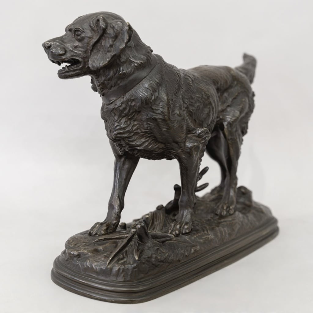 Sculpture - Chien épagneul à l'arrêt , Paul - Édouard Delabrièrre (1829-1912) - Bronze 