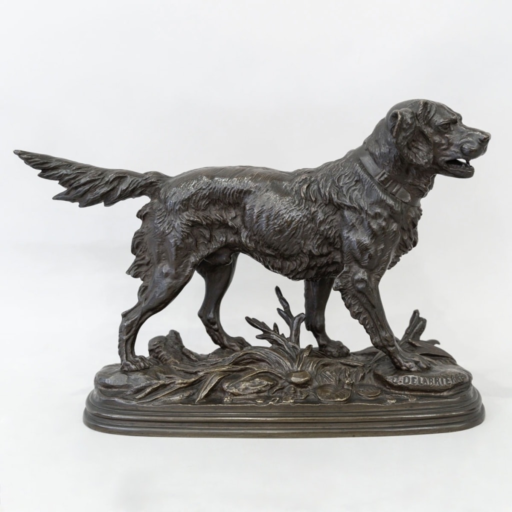 Sculpture - Chien épagneul à l'arrêt , Paul - Édouard Delabrièrre (1829-1912) - Bronze 