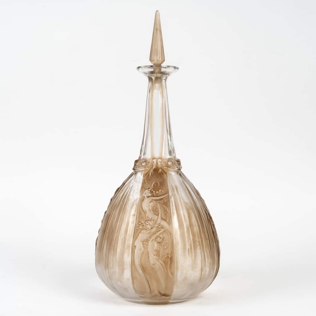 1911 René Lalique - Carafe Sirènes Et Grenouilles Verre Blanc Patiné Sépia 