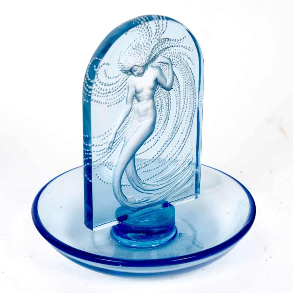 1930 René Lalique - Cendrier Baguier Naïade Verre Bleu 