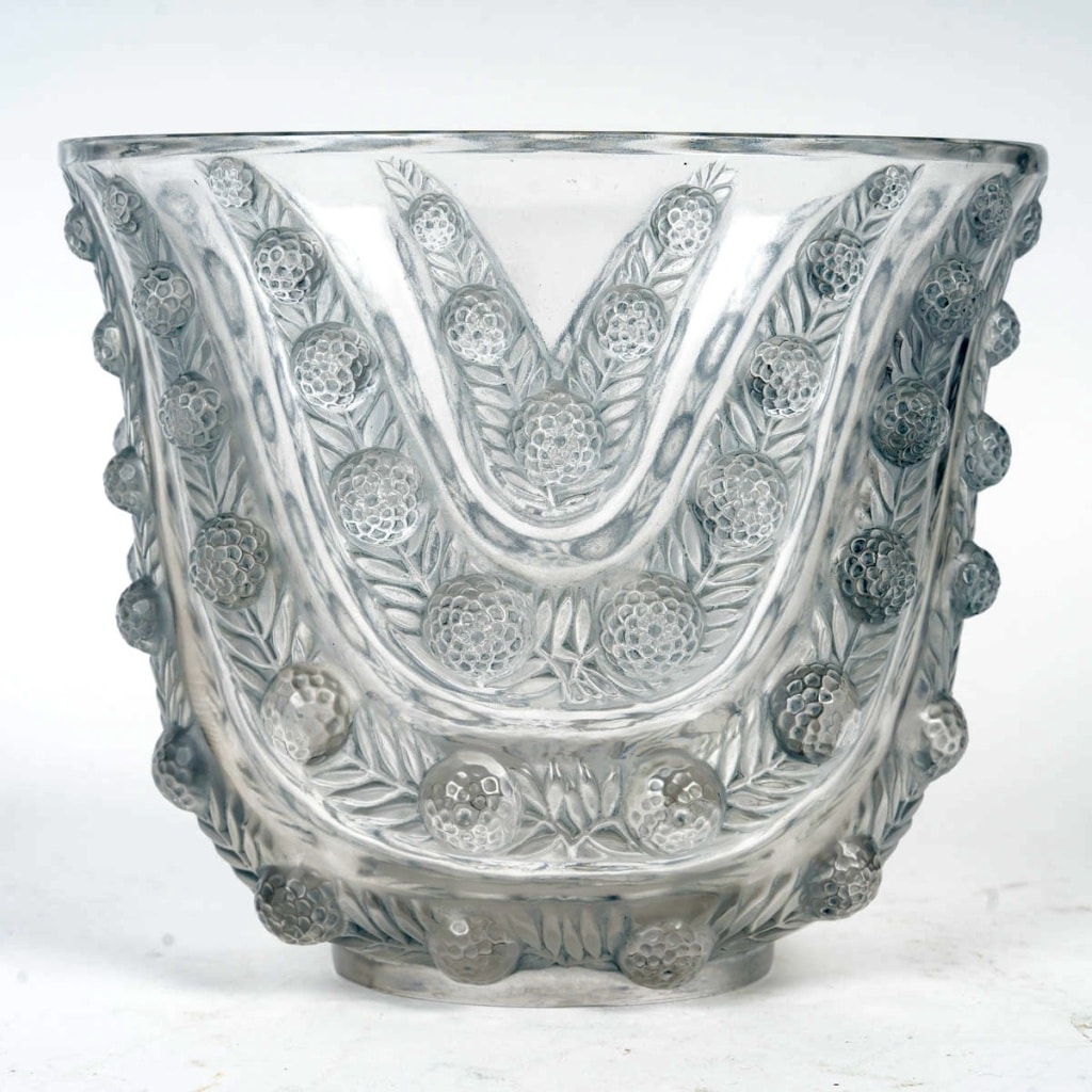 1937 René Lalique - Vase Vichy Verre Blanc Patiné Bleu 