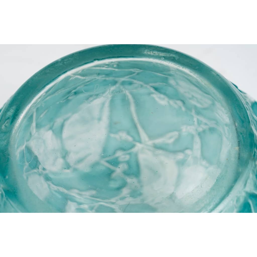 1919 René Lalique - Vase Perruches Verre Blanc Patiné Turquoise 