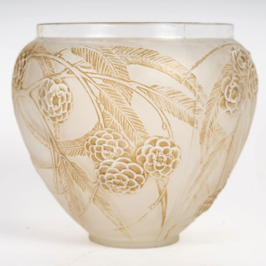 1923 René Lalique - Vase Néfliers Verre Blanc Patiné Sépia 