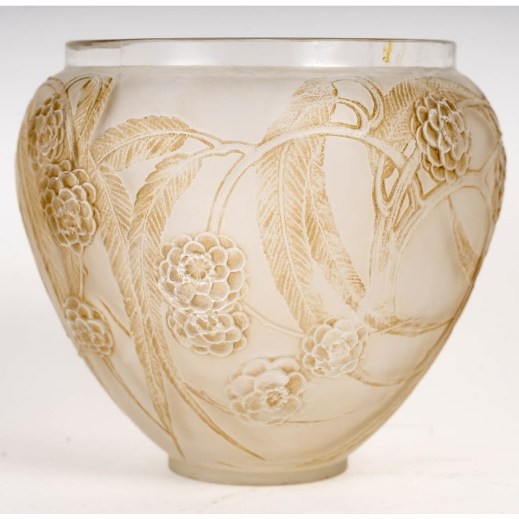 1923 René Lalique - Vase Néfliers Verre Blanc Patiné Sépia 