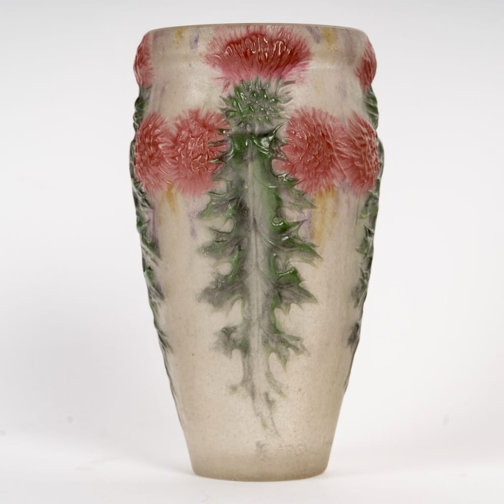 1920 Gabriel Argy Rousseau - Vase Chardons Rouges Pâte De Verre 