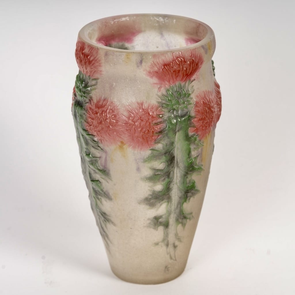 1920 Gabriel Argy Rousseau - Vase Chardons Rouges Pâte De Verre 