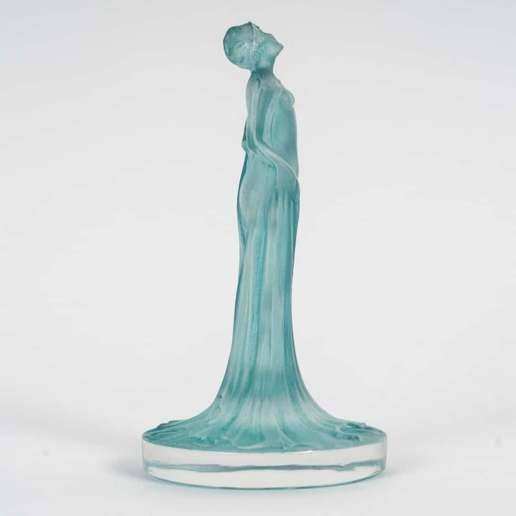 1912 René Lalique - Cachet Statuette Drapée Verre Blanc Patiné Turquoise 