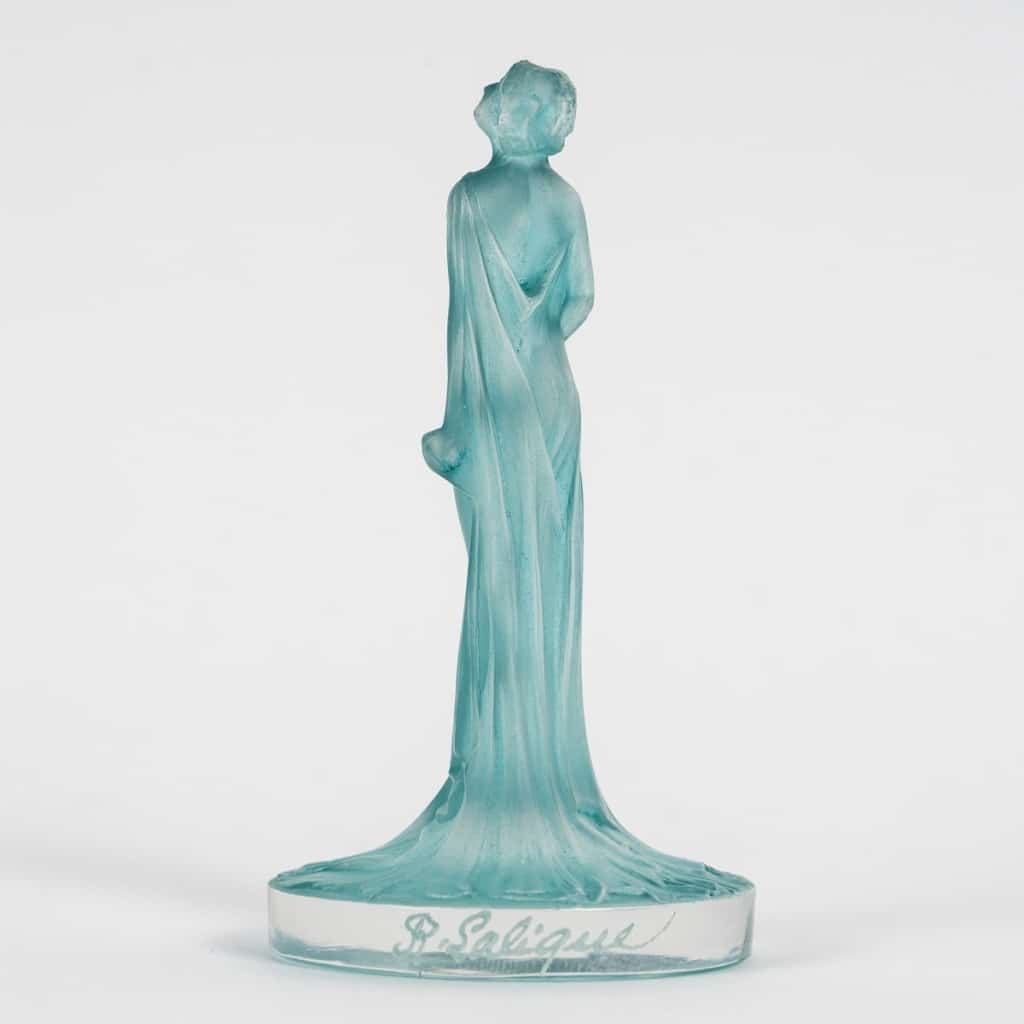 1912 René Lalique - Cachet Statuette Drapée Verre Blanc Patiné Turquoise 