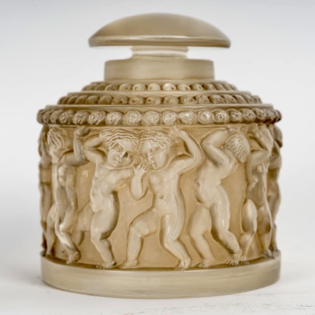 1931 René Lalique - Boîte Et Flacon Enfants Verre Blanc Patiné Sépia 